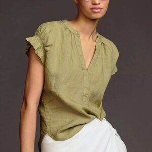 Pilcro Top Medium Green Moss Linen Tatum Flutter Sleeve Blouse Anthropologie